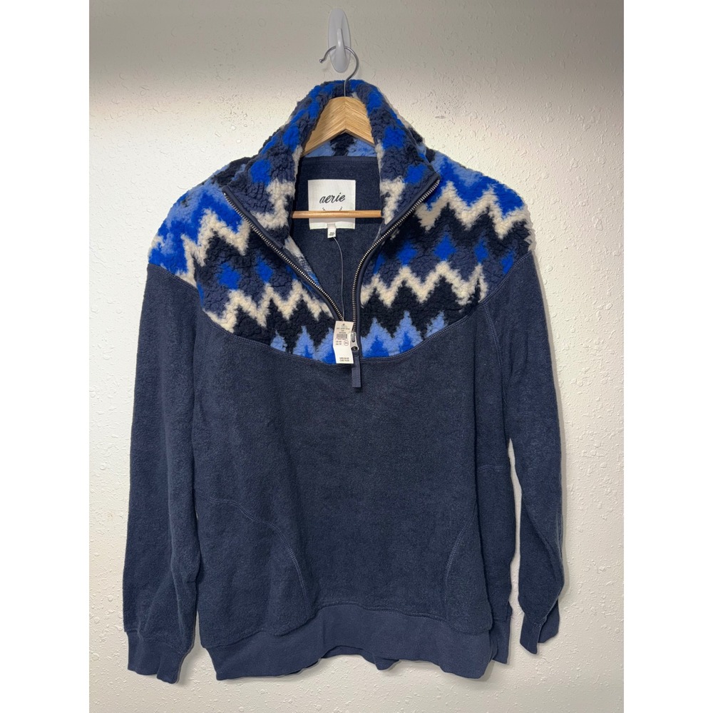 Aerie Womens XS Quarter Zip Fleece Pullover Sherpa Chevron Navy Blue 0743-3164